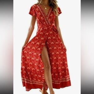Prettygarden Boho Bohemian Floral Red Split Flower Maxi Dress Size Small S
